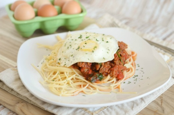 Egg Topped Meaty Spaghetti