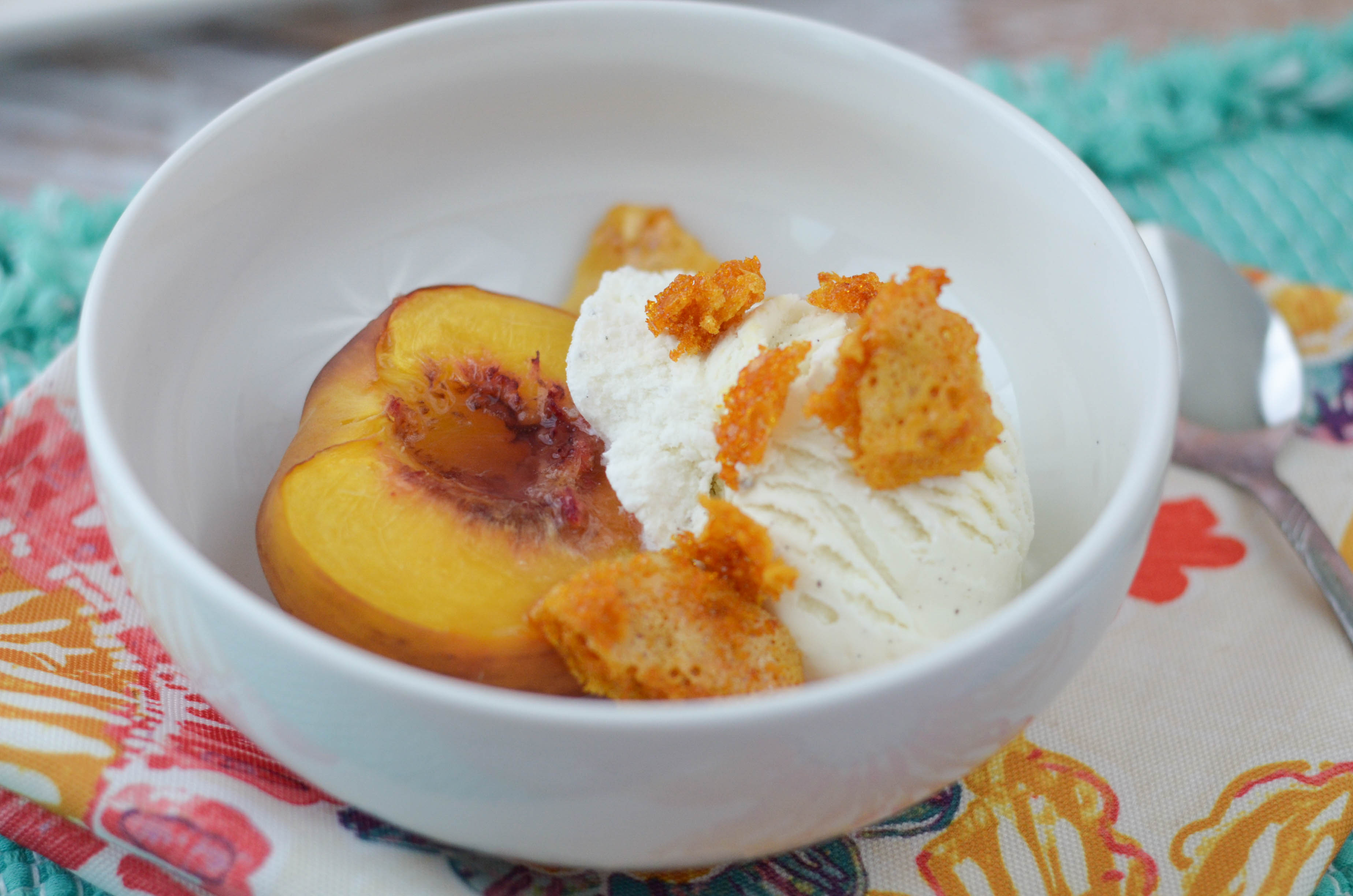 Roasted White Peaches with Honeycomb and Vanilla Ice Cream