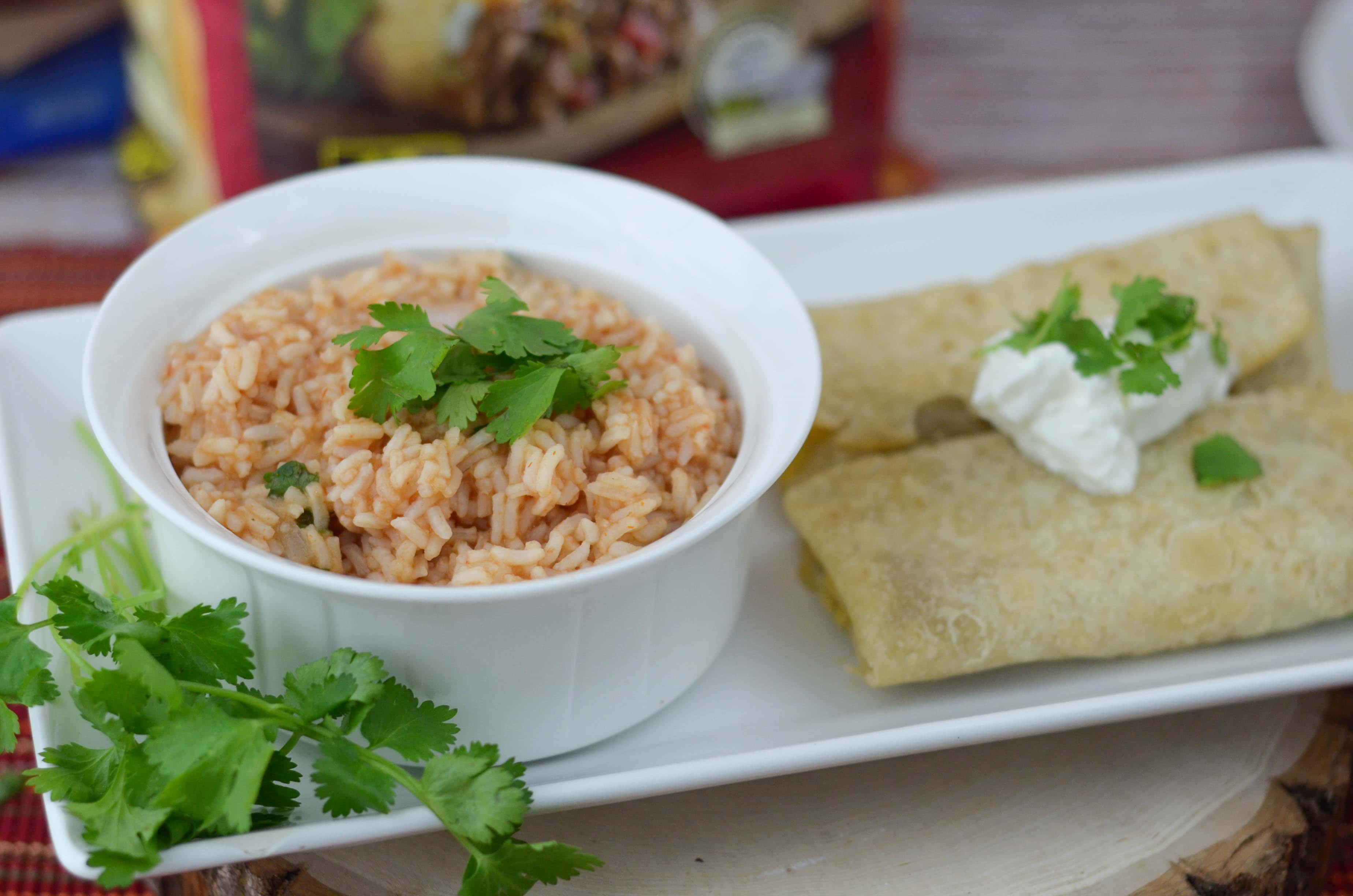 Homemade Mexican Rice with Chimichangas and Burritos