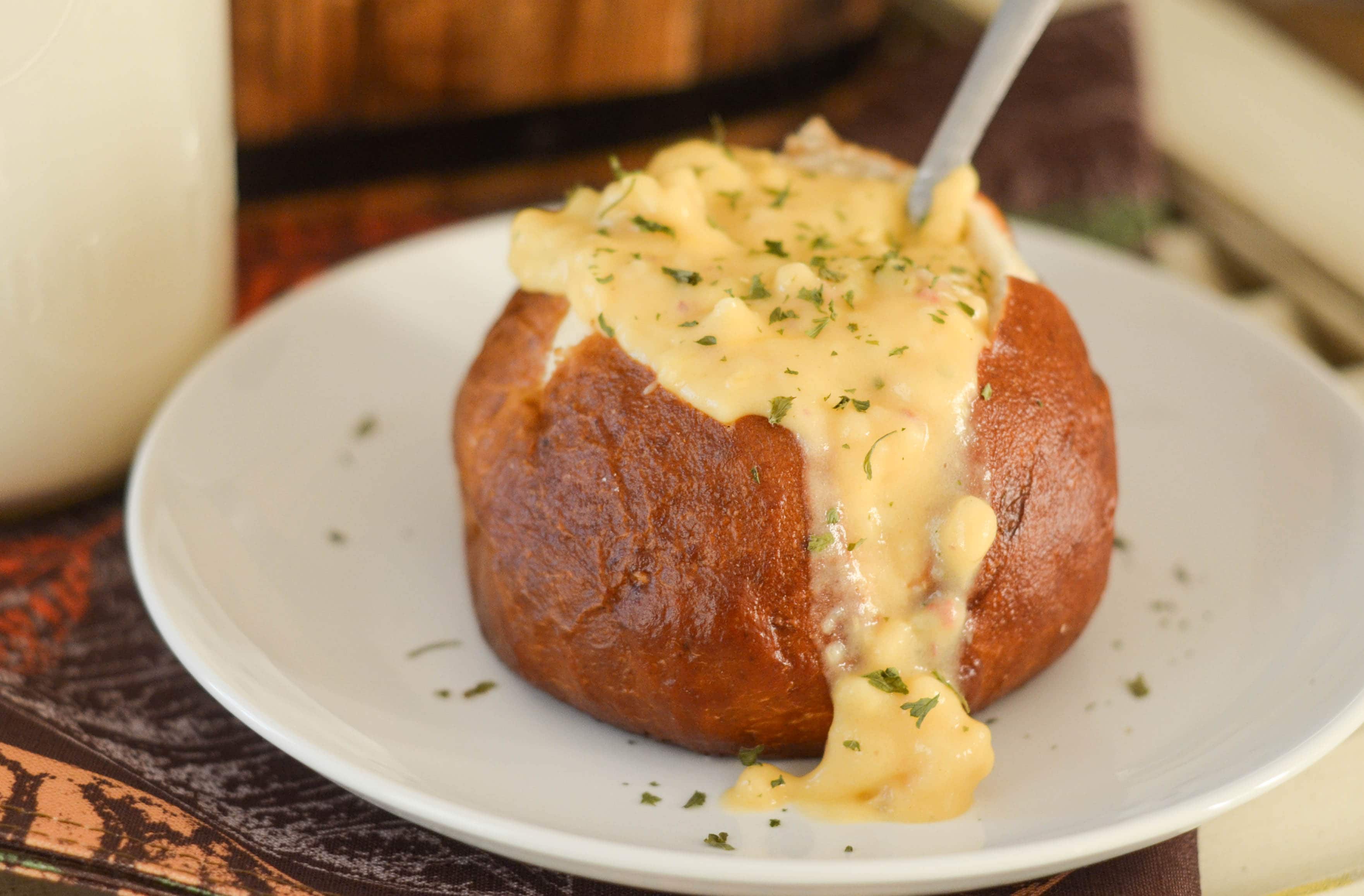 Loaded Potato Soup in a Pretzel Bowl