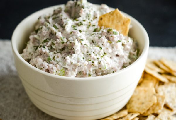 dill ham salad in a bowl with crackers