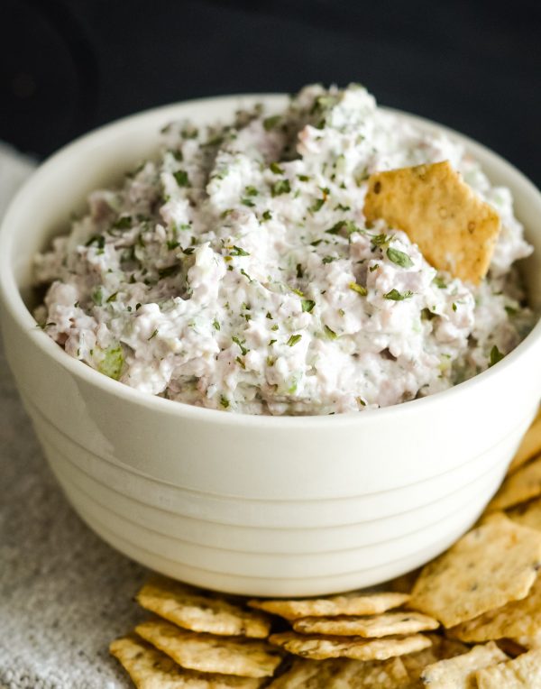 dill ham salad in a bowl with crackers