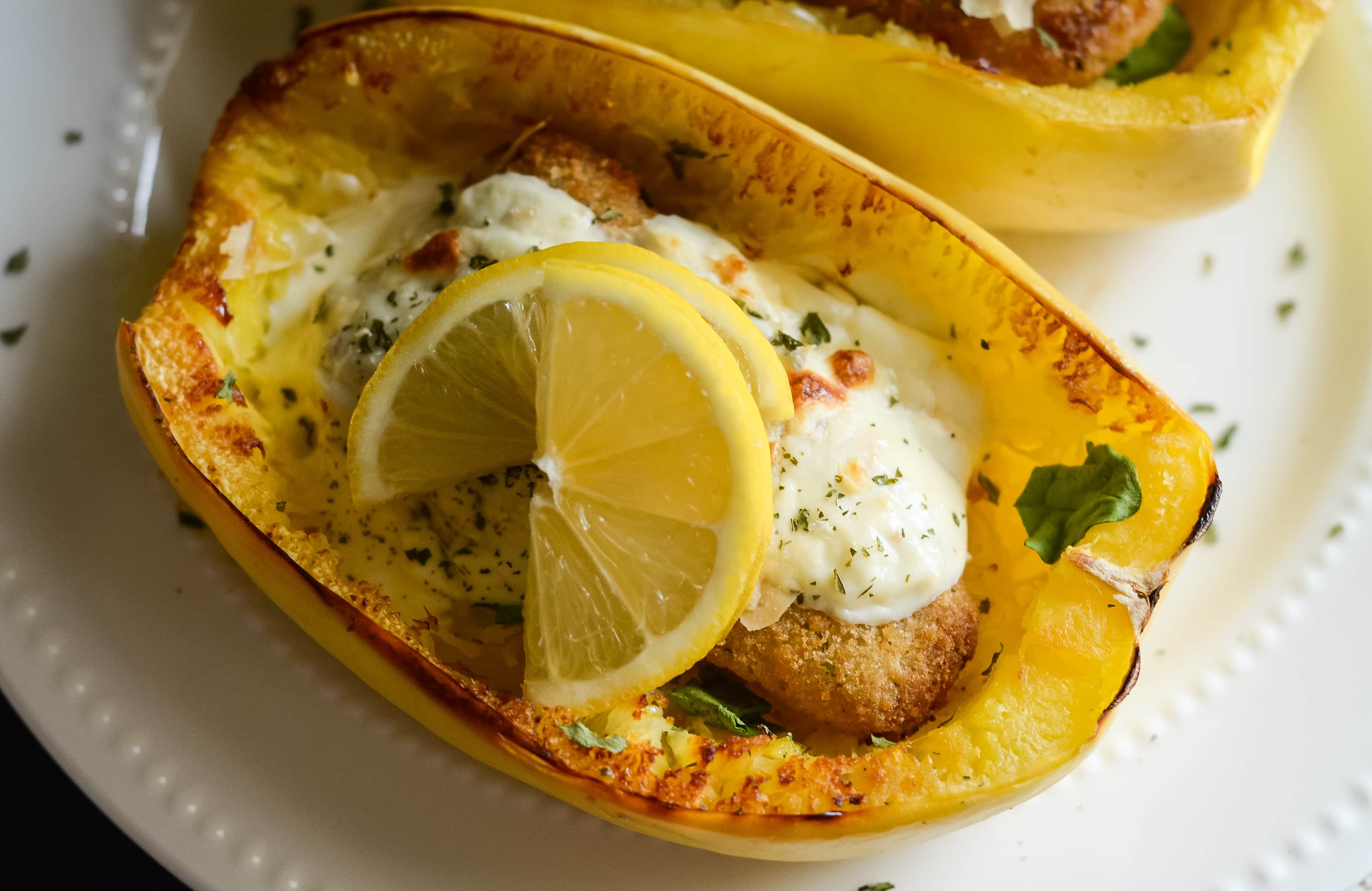 Baked Alfredo Spaghetti Squash with Lemon Herb Fillets