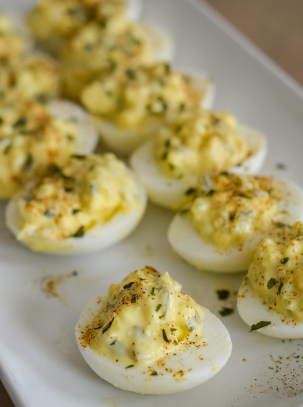 This images shows a completed deviled egg.