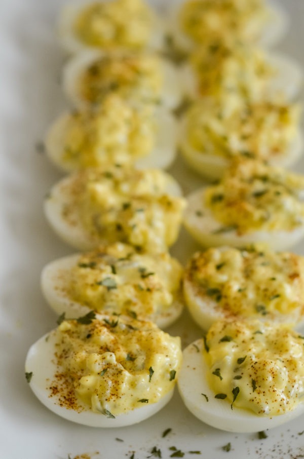 this image shows ninja foodi deviled eggs ready to eat
