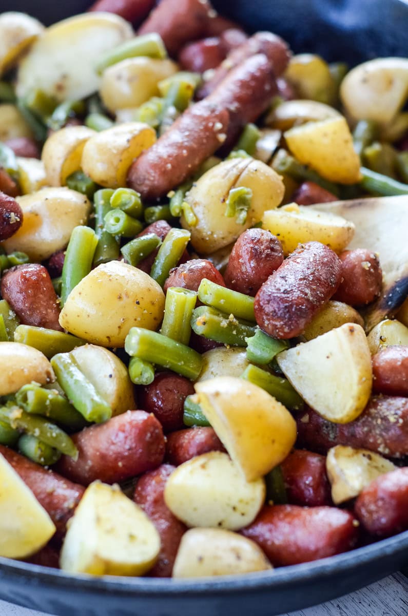 Pellet Grill Smoked Sausage with Green Beans and Potatoes
