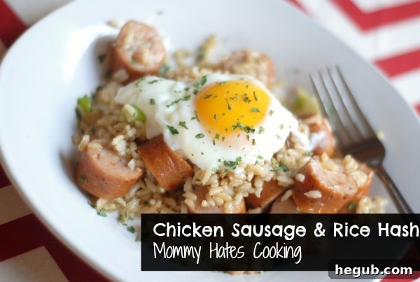 Zesty Chicken Sausage Rice Hash 2 Final plated Chicken Sausage and Rice Hash with an egg, ready to eat