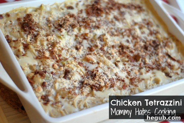 Close-up of baked Gluten-Free Chicken Tetrazzini showing creamy sauce, chicken, and pasta