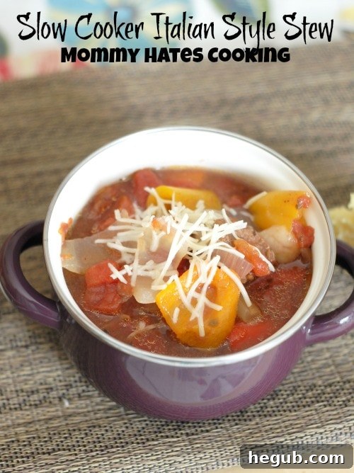 Rich Slow Cooker Italian Stew in a white bowl, garnished with fresh herbs and shredded cheese.