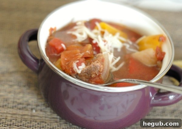 A full bowl of slow cooker Italian stew, showcasing the hearty ingredients and rich sauce.