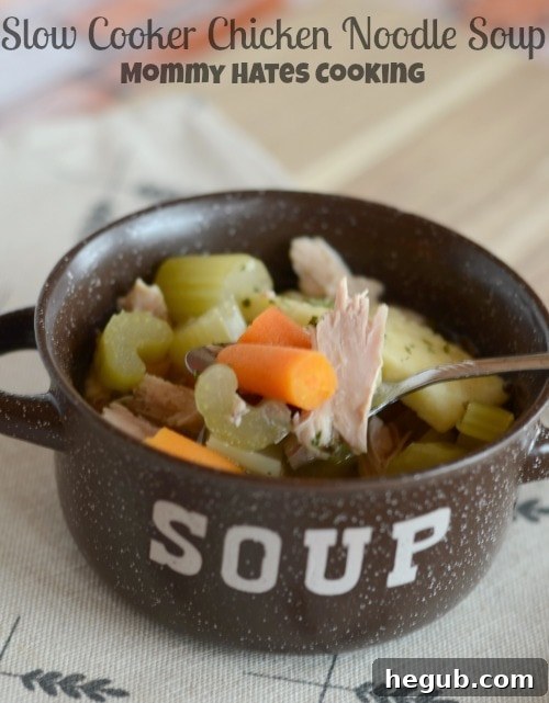 Heartwarming Slow Cooker Chicken Noodle Soup in a rustic bowl, perfect for winter