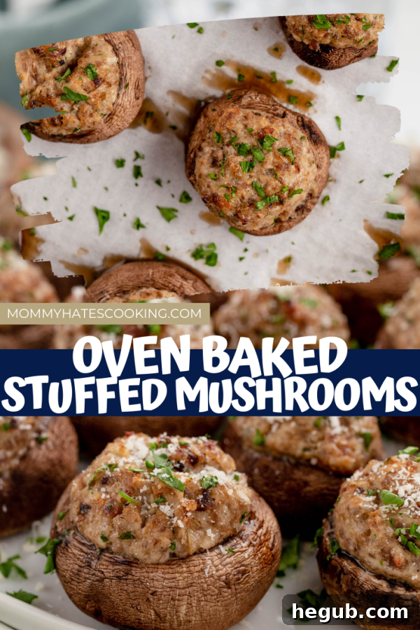 A vertical Pinterest pin graphic featuring a hero shot of cooked Stuffed Portobello Mushrooms and text overlay: 'Easy Stuffed Portobello Mushrooms - Perfect Party Appetizer - Gluten-Free Recipe'.