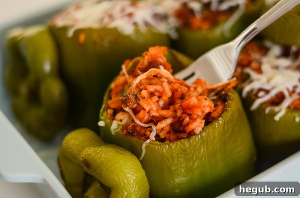 Two generously filled stuffed peppers ready for serving