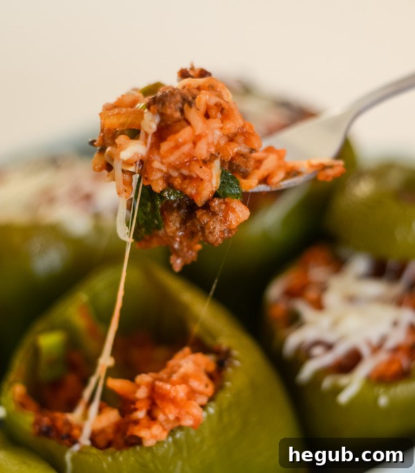 Close-up of a single stuffed pepper with melted cheese on top