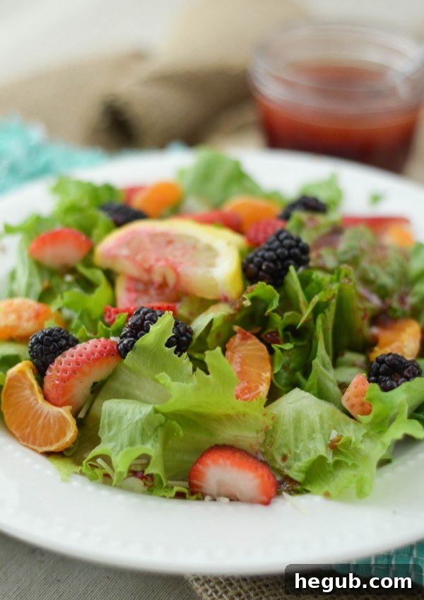 Overhead view of a vibrant salad with Blackberry Vinaigrette