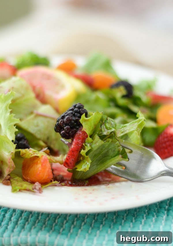 A close-up of the Blackberry Vinaigrette Dressing in a bowl