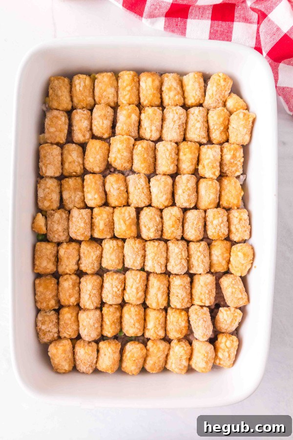 Tater tots arranged in an even layer on top of the meat mixture