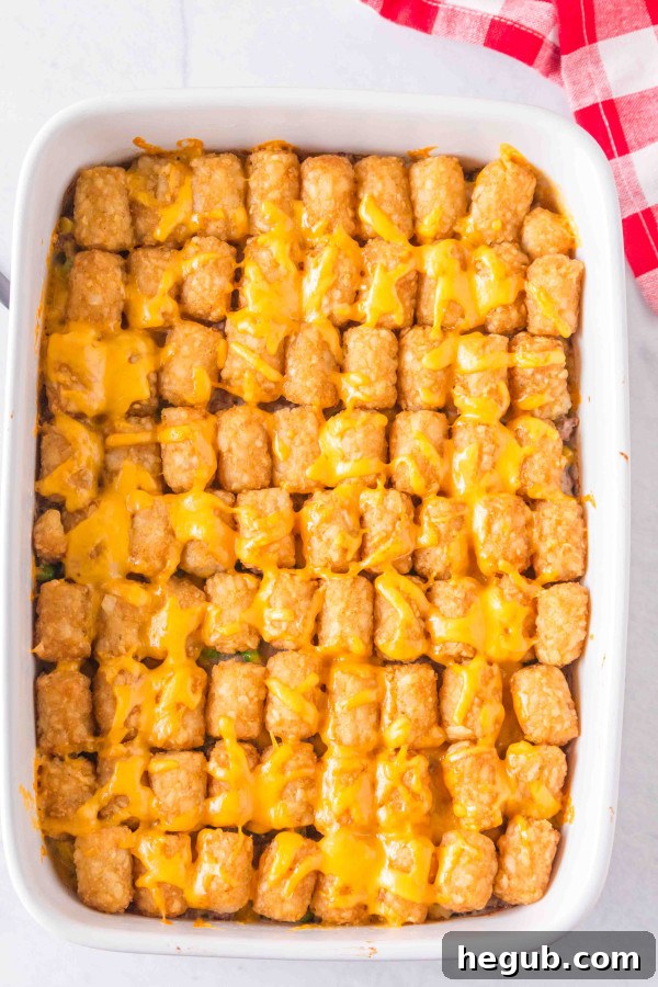 Finished Tater Tot Casserole, ready to serve from the dish