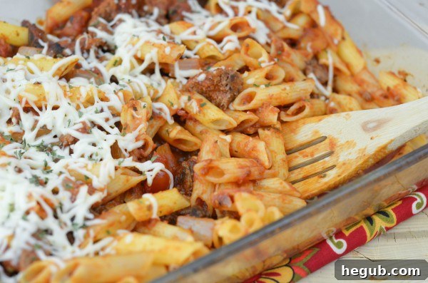 Close-up of baked Homestyle Cheesy Penne ready to serve