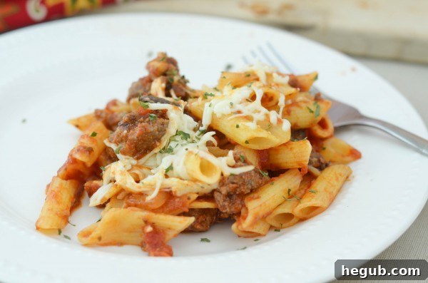 Close-up of a serving of Homestyle Cheesy Penne