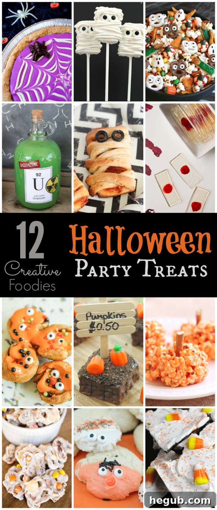 Collage of 12 different Halloween party treats