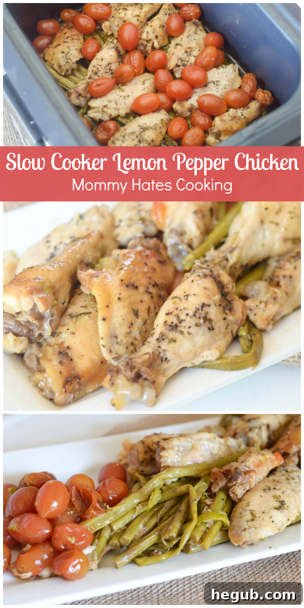 Slow Cooker Lemon Pepper Chicken and Vegetables - a dish of lemon pepper seasoned chicken wings with asparagus and grape tomatoes, cooked in a slow cooker, presented beautifully on a platter.