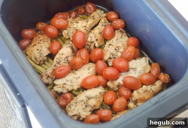 A generous portion of Slow Cooker Lemon Pepper Chicken and Veggies ready to be served.