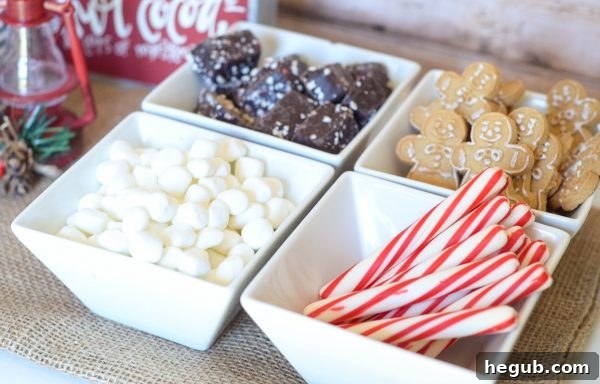 Delicious array of toppings for a hot chocolate bar, including cookies and marshmallows.