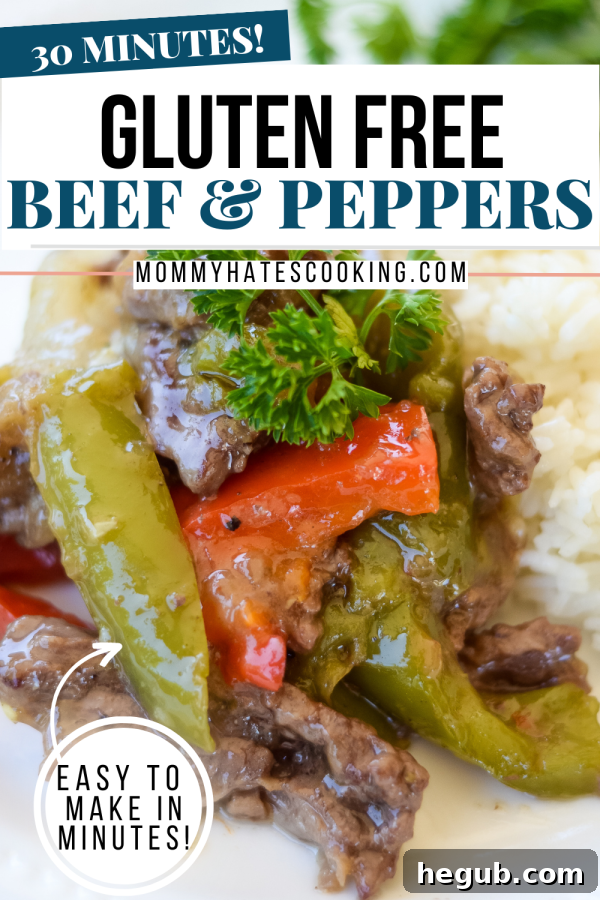 Creamy Beef and Peppers Pinterest pin graphic with recipe title