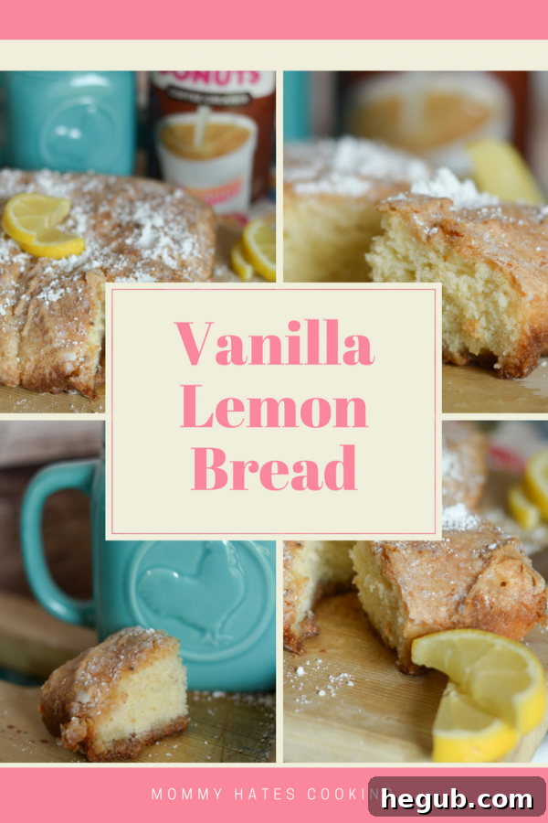 Zesty Vanilla Lemon Loaf 2 Moist Vanilla Lemon Bread slice with a delicate lemon glaze, garnished with fresh lemon zest, perfect for spring or summer