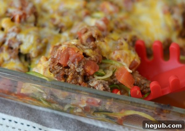 Close-up of baked Taco Zoodle Casserole, ready to serve.