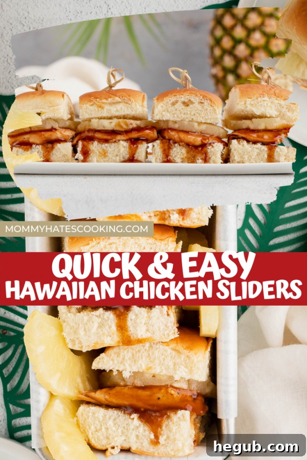 Pin graphic for Hawaiian Chicken Sliders, showcasing a delicious platter of the dish.