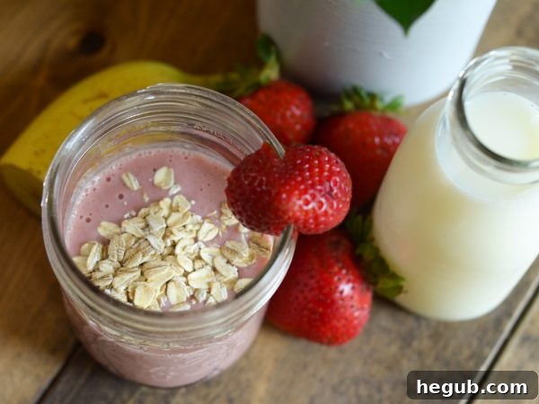 Close-up of a Strawberry Banana Oat Smoothie, showing its creamy texture and fresh ingredients, ideal for a nutritious breakfast.