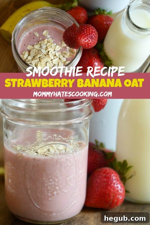 Full image of a delicious Strawberry Banana Oat Smoothie with all ingredients blended to perfection.