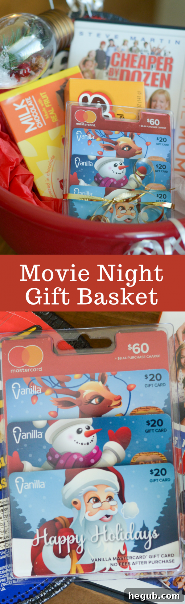 Pinterest graphic featuring a festive Movie Night Gift Basket with text: 'Create the Ultimate Movie Night Gift Basket - Easy & Thoughtful Holiday Gift Idea with Walmart Gift Cards'.