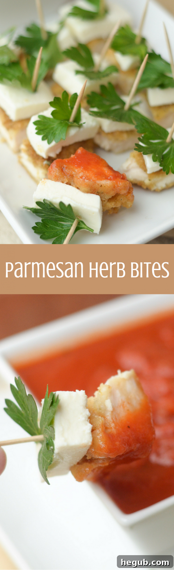 Pinterest graphic for Parmesan Herb Bites, a holiday appetizer featuring Tyson Chicken and Walmart Grocery Pick-up.