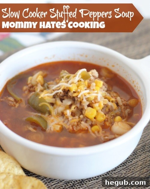 A vibrant bowl of Slow Cooker Stuffed Pepper Soup, hearty and full of flavor.