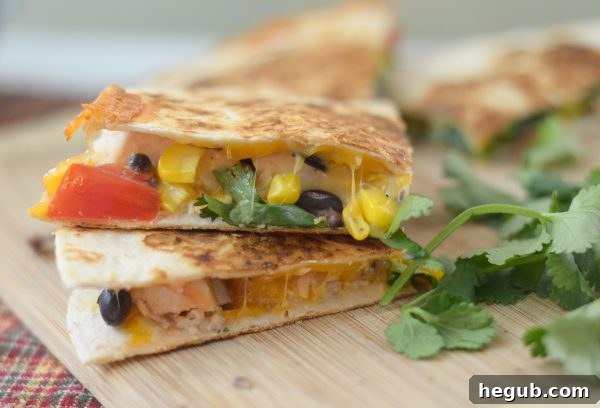 Close-up of golden-brown Chicken and Corn Salsa Quesadillas