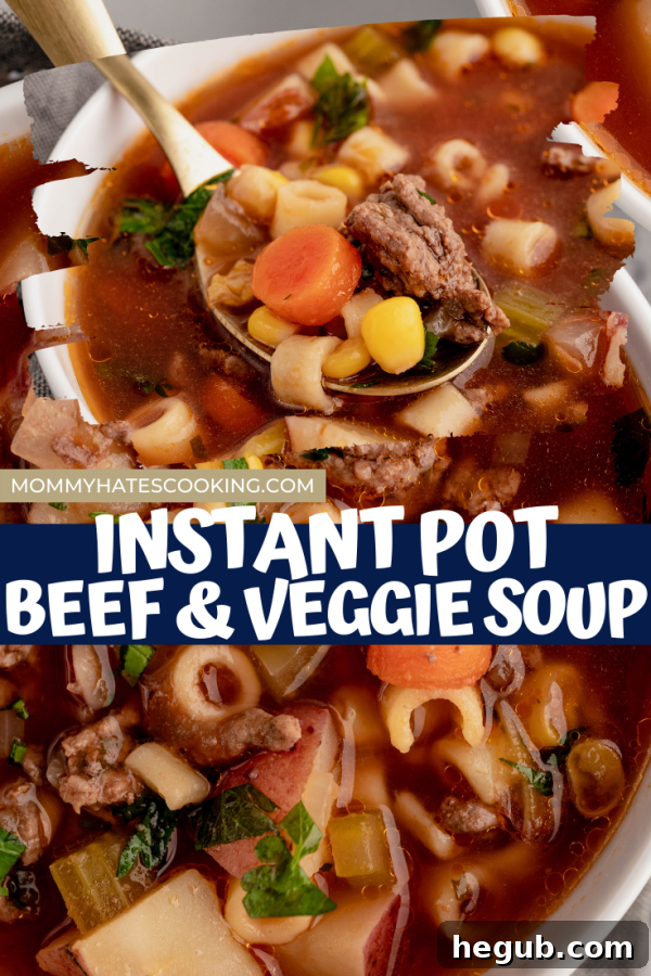 Instant Pot Beef and Vegetable Soup in bowls with cornbread