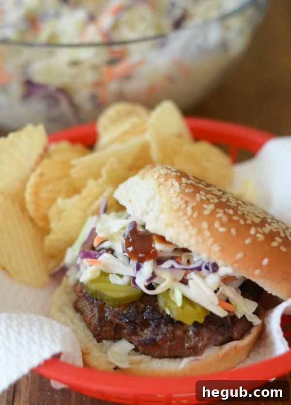BBQ Slaw Stackers 2 Juicy Grilled Barbecue Slaw Burger with fresh coleslaw and tangy BBQ sauce