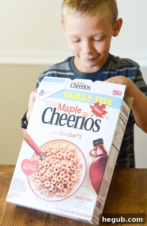 Bag of Maple Cheerios highlighting its gluten-free and real maple syrup ingredients.