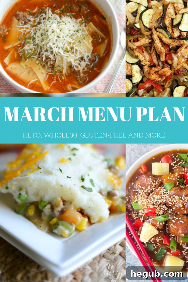 Monthly Menu: March Edition 8 A comprehensive March Monthly Menu Plan featuring easy keto, gluten-free, and Whole30 recipes, perfect for organized meal planning.