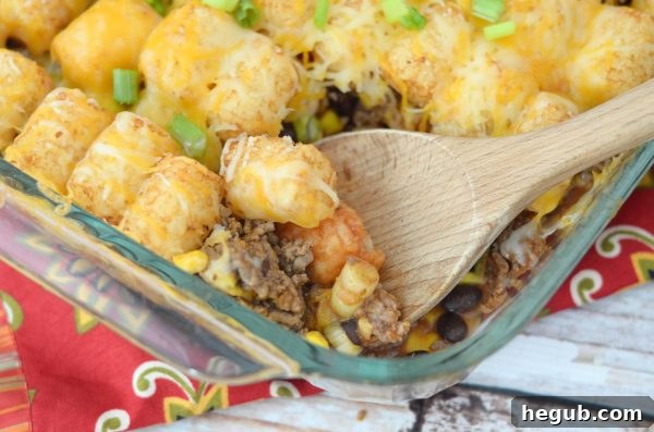 Tater tot taco casserole, a fun and easy family dinner idea for your weekly menu.