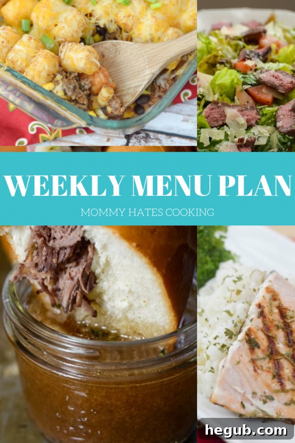 A comprehensive weekly menu plan, showing seven days of dinner ideas with diverse recipes.