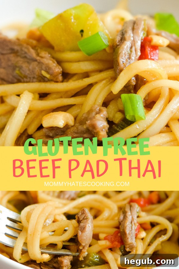 A vibrant bowl of Easy Beef Pad Thai, garnished with peanuts and lime, ready to be enjoyed.