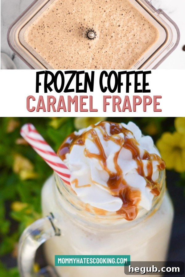 A close-up of a beautifully garnished frozen caramel coffee, with caramel drizzle and whipped cream, ready to be enjoyed.