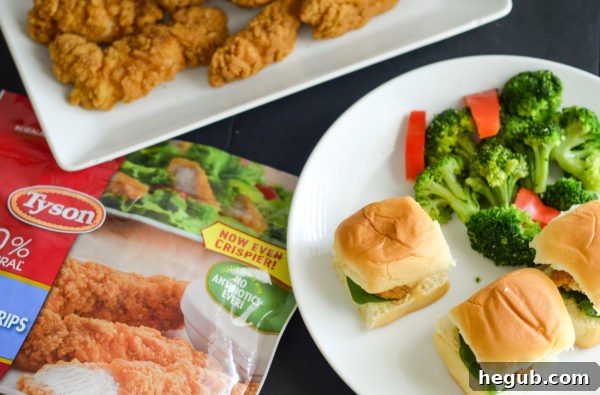 Air fried Tyson chicken strips sliced for sliders