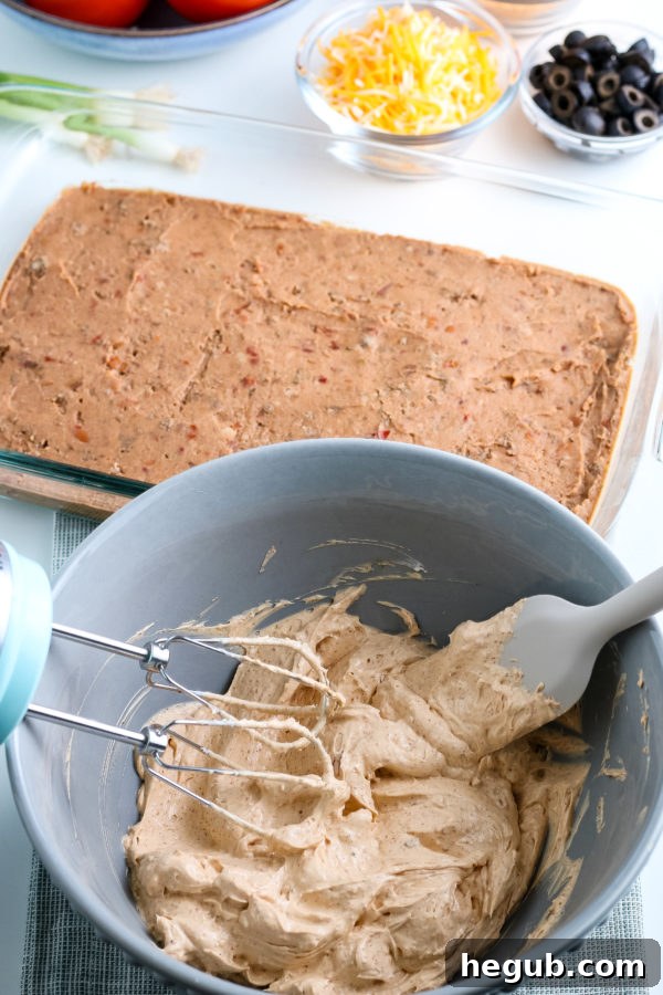 Step-by-step image of layering the taco dip ingredients