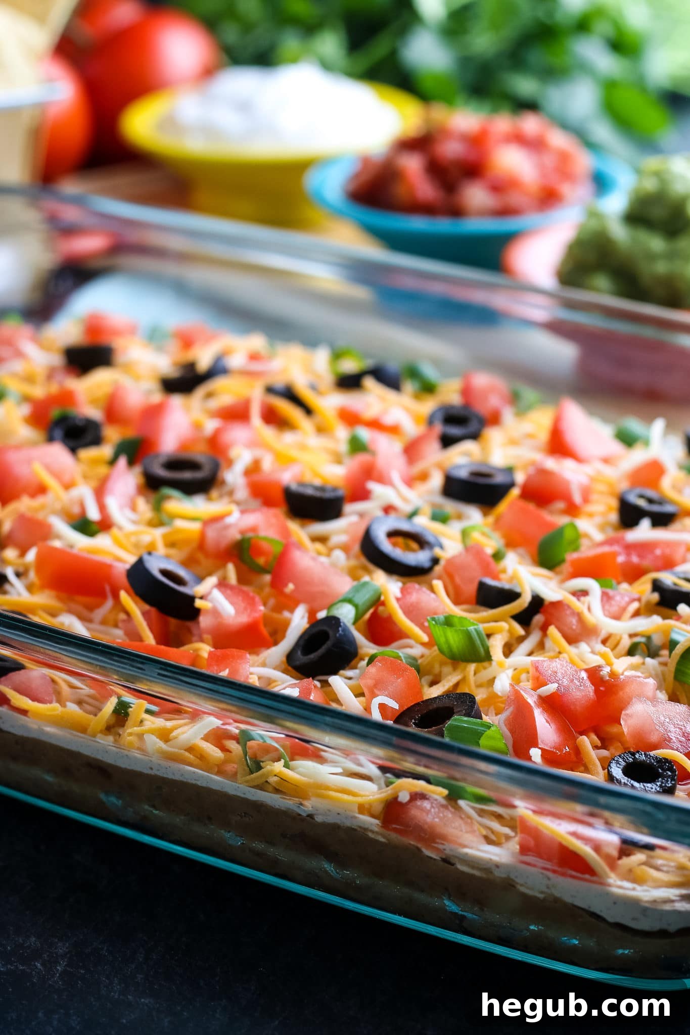 Beautifully presented Layered Taco Dip ready to be enjoyed