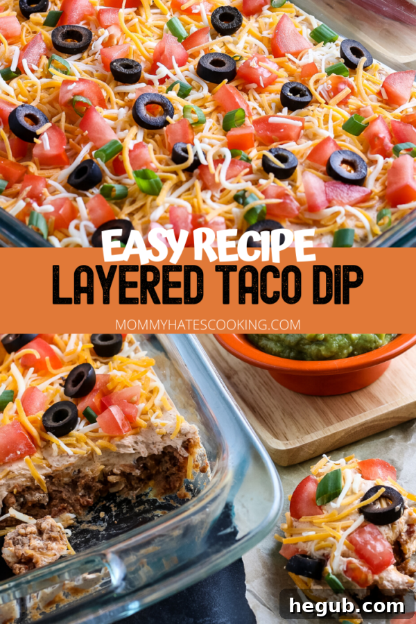 Final presentation of the Layered Taco Dip, ready for a party